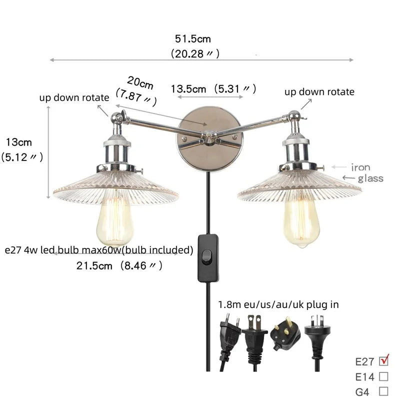 DecorBites™ Industrial LED Wall Light Fixture with Pull Chain Switch, 2 Heads Bedside Lamp