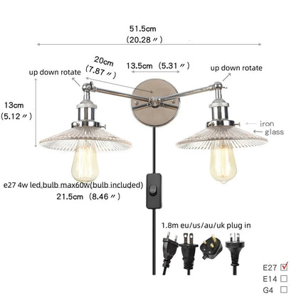DecorBites™ Industrial LED Wall Light Fixture with Glass Pull Chain Switch - 2 Heads