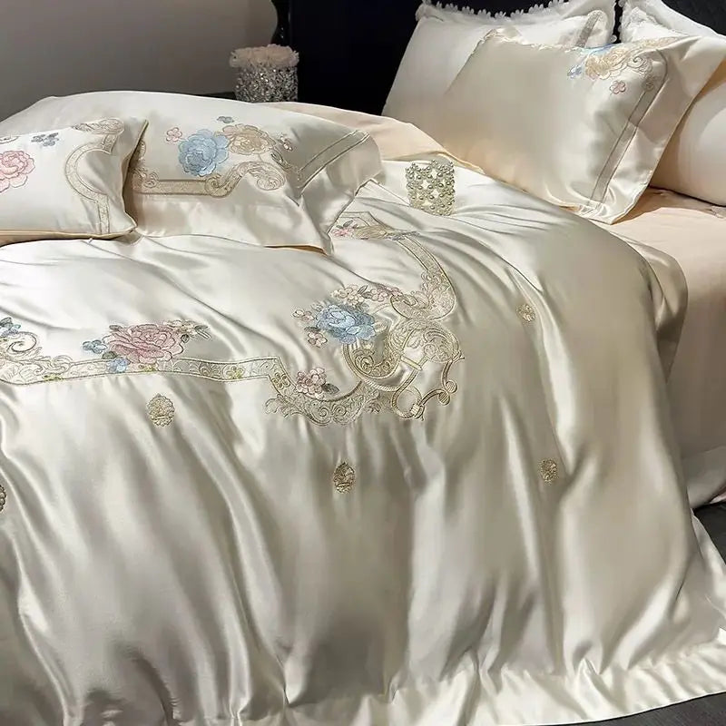 DecorBites™ Luxe Brocade Cotton Flowers Embroidery Bedding Set Cream/Champagne Patchwork