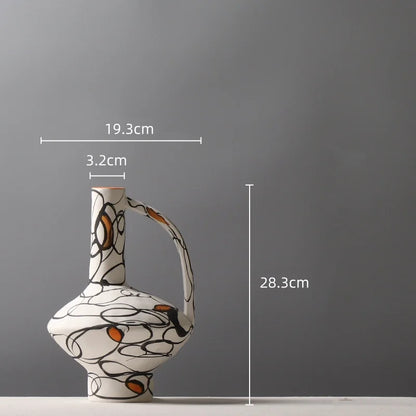 DecorBites™ Geometric Graffiti Ceramic Vase with Handles for Home Decor and Floral Arrangements.