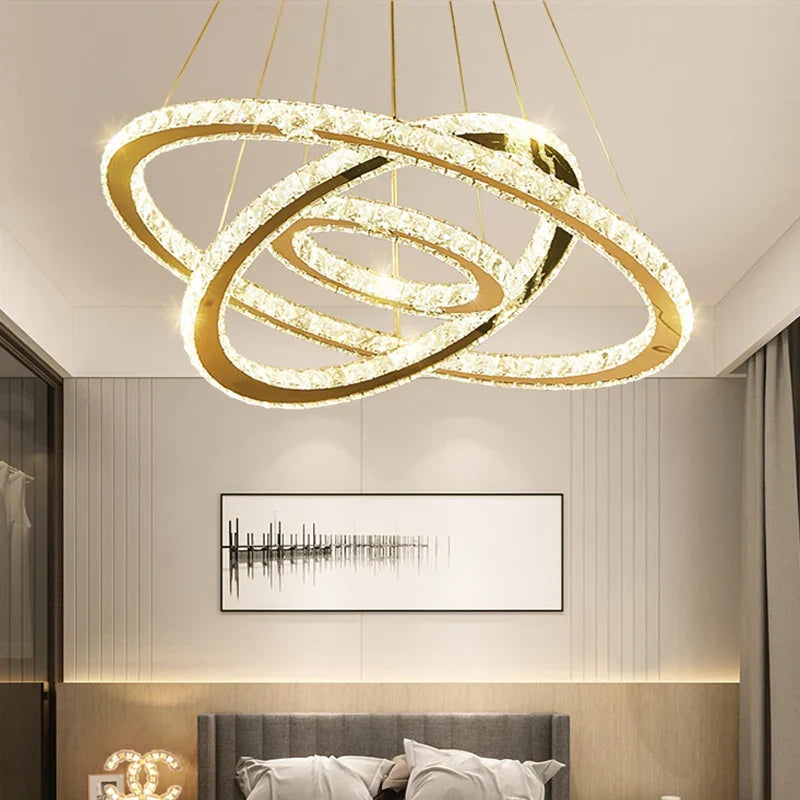 DecorBites™ Gold Gloss LED Crystal Ring Chandelier for Modern Luxury Living Room