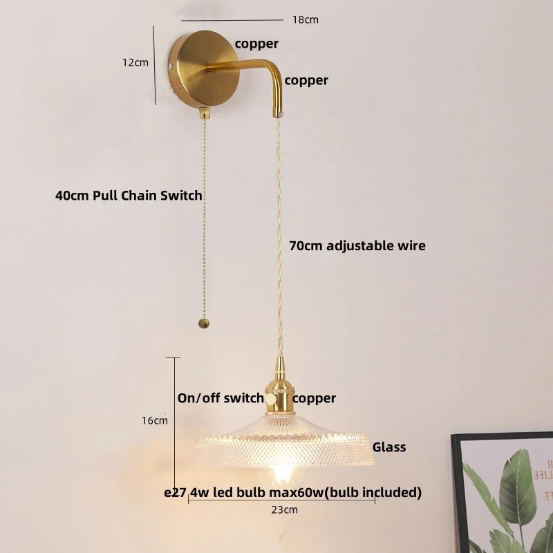 DecorBites™ Glass Copper LED Wall Sconce | Pull Chain Switch | Adjustable Bathroom Light