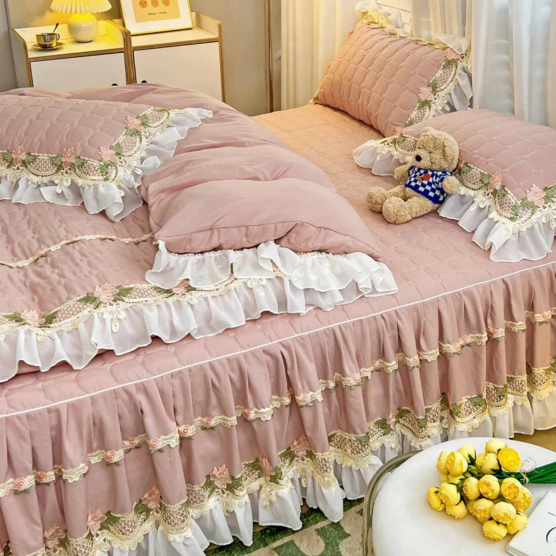 Decorbites™ Koreanische Prinzessinnen-Bettwäsche: Blumen, Spitze, Rüschen, Stickerei, Steppung, Bettbezug, Überdecke