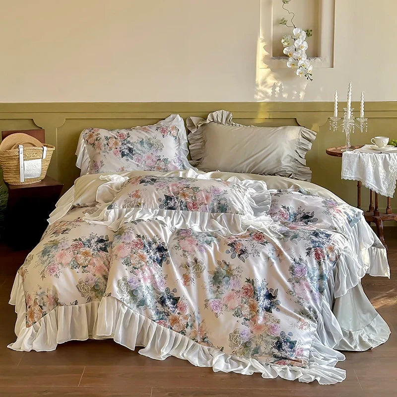 Decorbites™ Französische Blumen-Spitzen-Volants-Prinzessinnen-Bettwäsche-Set aus 1000TC ägyptischer Baumwolle