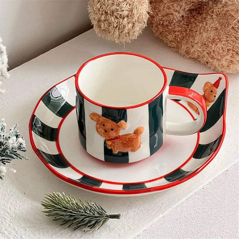 Decorbites™ Kawaii-Tier Keramik-Trinkgeschirr-Set: Kaffeetasse, Dessertteller, süßer Hund-Becher