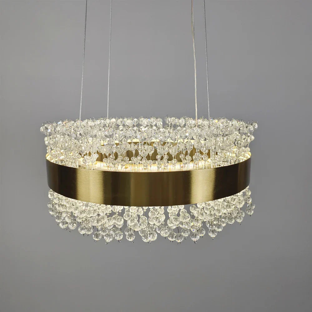 DecorBites led pendant lights with brushed gold circular band and clear crystal droplets for modern interior decor