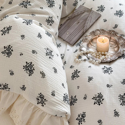 Decorbites™ Französische Spitzen-Volants-Blumenmuster 100% Baumwoll-Bettwäsche-Set mit Daunendeckelbezug, Laken und Kissenbezügen