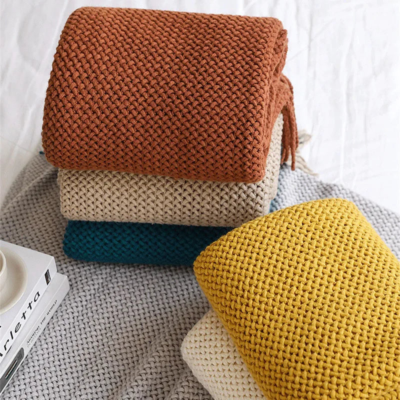 Decorbites™ Gemütliche Nordische Strick-Sofadecke mit Troddeln & Fleece-Wurfdecke