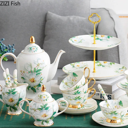 DecorBites™ Green Flowers Ceramic Cup & Saucer Set for Coffee, Tea, Juice, and More