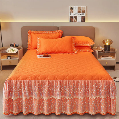 DecorBites™ Cotton Lace Ruffles Quilted Bed Skirt Set with Pillowcases