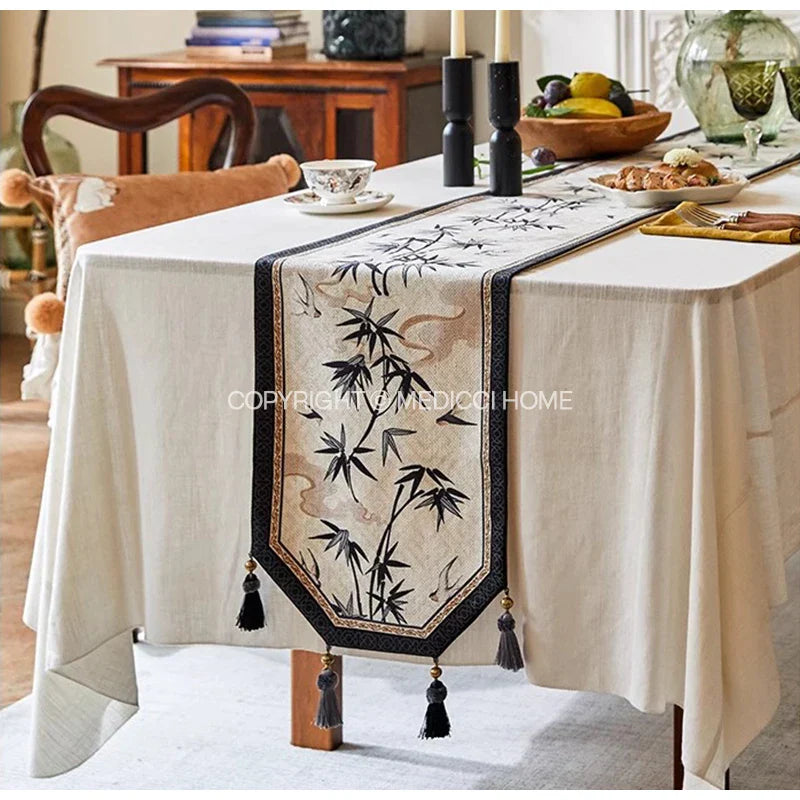 Decorbites™ Bambusblatt-Schwalben-Druck Tischläufer für Chinoiserie Chic Landhaus-Dekoration