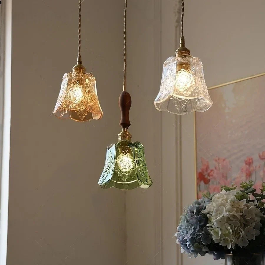 Decorbites™ Grüne Glas LED Hängelampe | Modern Nordisch Holz Walnuss | Messingknopf-Schalter | Hängelicht