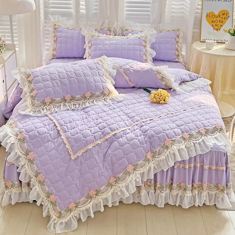 Decorbites™ Koreanische Prinzessinnen-Bettwäsche: Blumen, Spitze, Rüschen, Stickerei, Steppung, Bettbezug, Überdecke