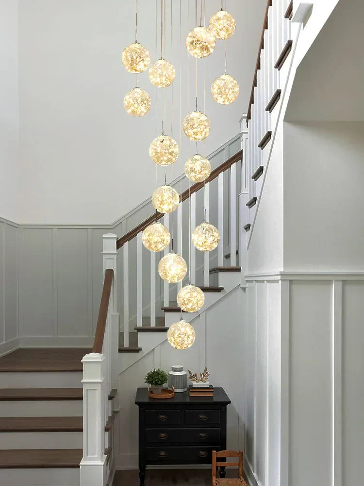 DecorBites™ Glass Chandelier: Gold LED Staircase Lighting, Minimalist Design