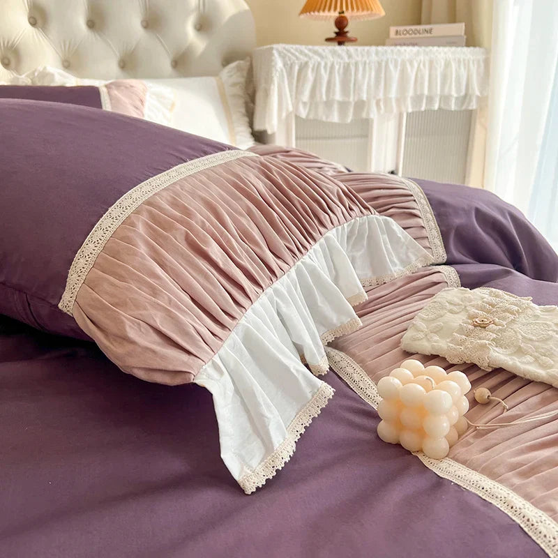 Decorbites™ Koreanische Prinzessinnen-Stil Baumwoll-Bettwäsche-Set mit Plissevolants und weichem Steppbettbezug