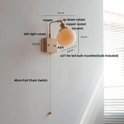 DecorBites™ Globe Ceramic Walnut Wood Wall Light with Pull Chain Switch and Rotatable Design