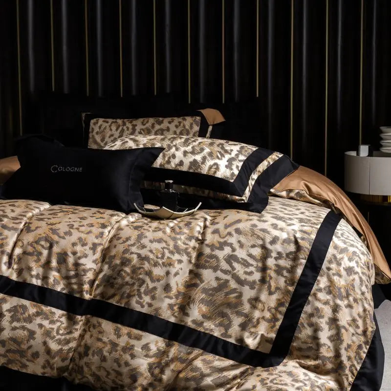 Decorbites™ Leopard Jacquard 1000TC Lyocell-Baumwoll-Bettwäsche-Set: Daunendecke, Laken, Kissenbezüge