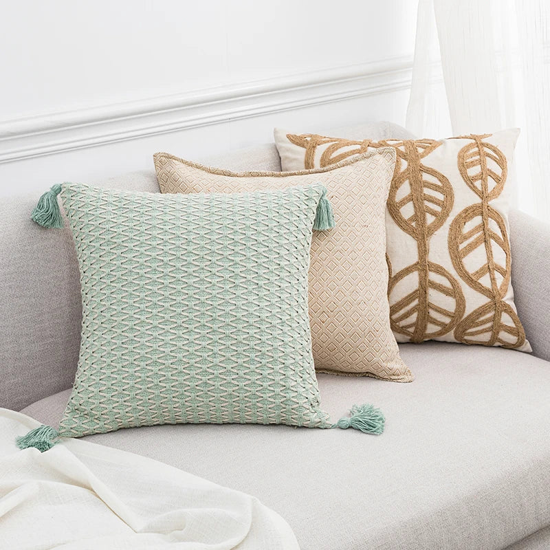 DecorBites™ Linen Embroidery Leaves Cushion Cover 45x45cm Beige Green Aesthetic Throw Pillow