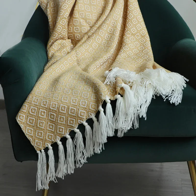 DecorBites™ Golden Knitted Blanket: Luxuriously Soft Sofa Cover & Bedspread