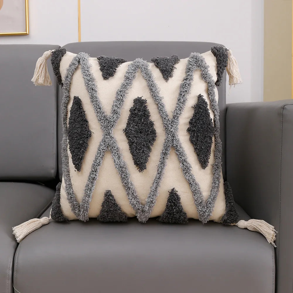 Decorbites™ Graues Geometrisches Tufted Kissenbezug mit Fransen, Deko für Zuhause & Auto Kissenbezug