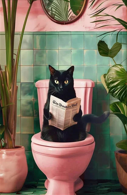 Funny Cat on Toilet Wall Art Cat Reading Newspaper Canvas Posters Print Picture for Home Bathroom Living Room Decor No Frame