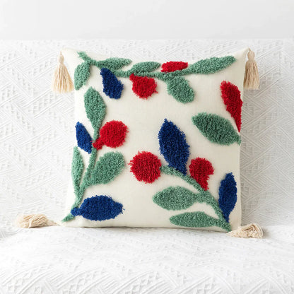 DecorBites™ Geometric Tufted Embroidery Flowers Boho Cushion Cover with Tassel
