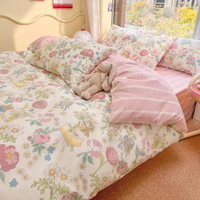DecorBites™ Double-Sided Floral Print Cotton Bedding Set - Queen Size Soft Duvet Cover Set