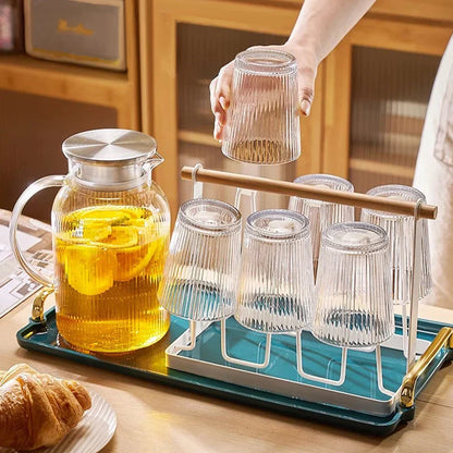 Decorbites™ Glas-Kaltwasserkessel-Set: Transparent gestreiftes Design, Edelstahl-Deckel, 1,6-Liter-Fassungsvermögen