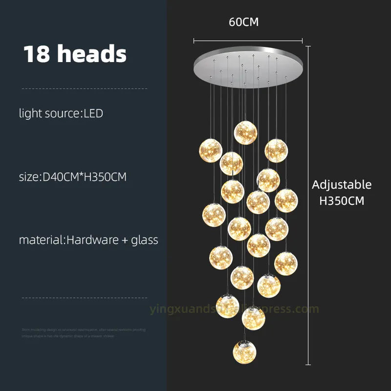 DecorBites™ Glass Ball Spiral Chandelier for Modern Staircase & Dining Table LED Ceiling Light