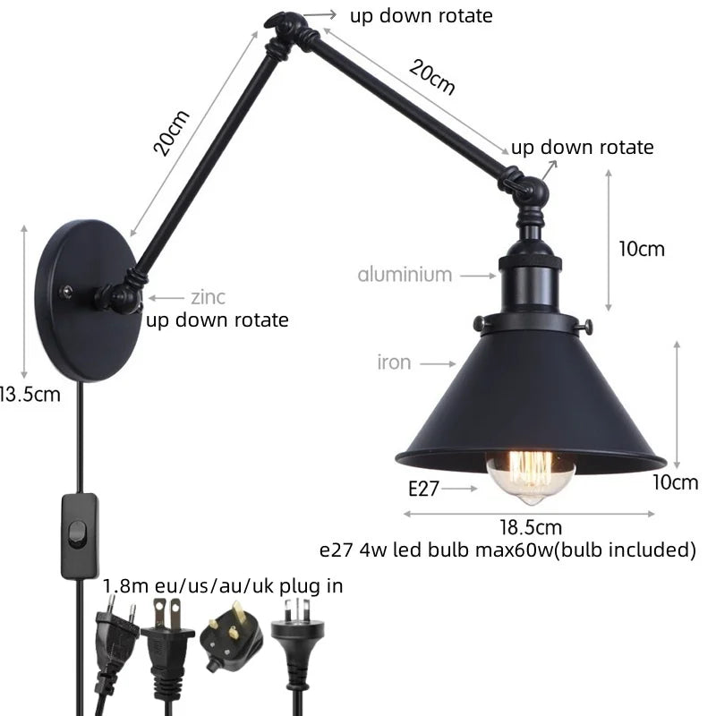 Decorbites™ Eisen LED Wandlampe mit Zugschalter Industrie Vintage Loft Treppenbeleuchtung