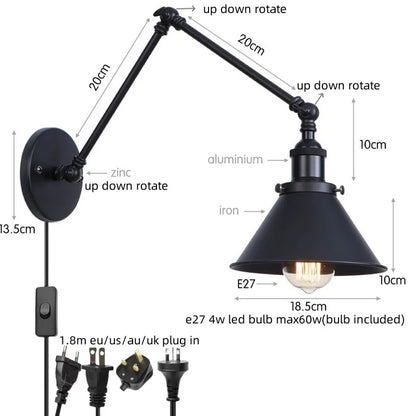 Decorbites™ Industrielles Loft-LED-Wandleuchte Schwarz Vintage Schwingarm-Spiegel-Licht