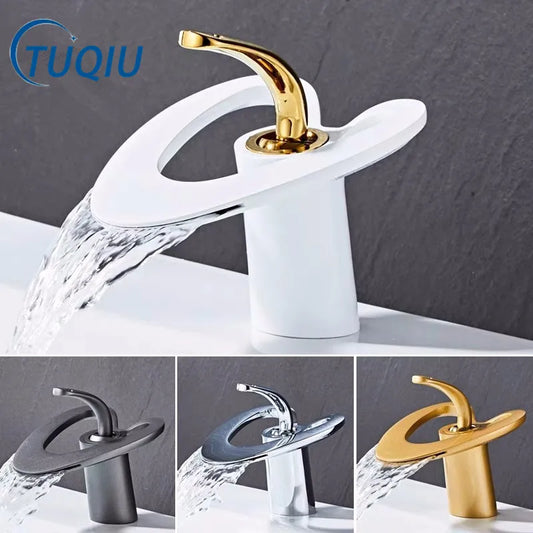 Decorbites™ Golden/Weißes Beckenarmatur: Schwarzes Messing-Wasserfall-Waschbeckenmischer, Heiß & Kalt.