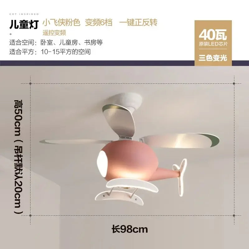 Decorbites™ Kinder-Hubschrauber-Deckenventilator mit LED-Licht-Leuchter – Modernes Flugzeugdesign