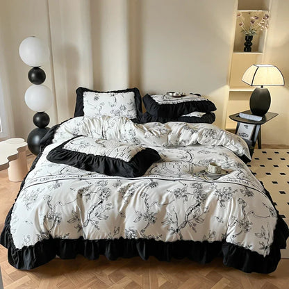 Decorbites™ Französisches Vintage Schwarz Rüschen Bettbezugsset mit Kissenbezügen, Nordisches Luxus Blumen Pflanzen Bettwäsche-Set