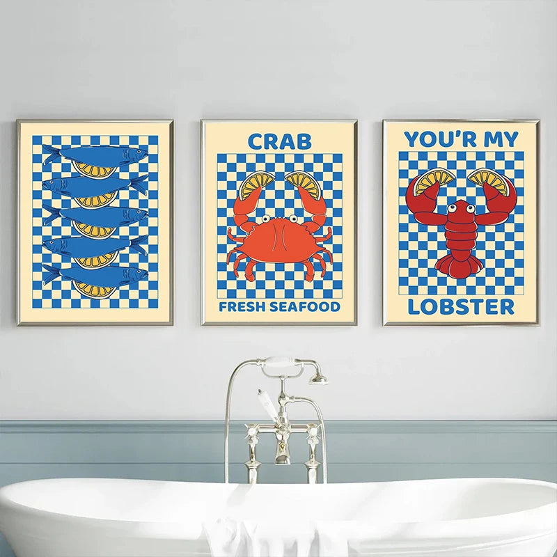 Colorful Sardine Lobster Crab Fish Ocean Animal Poster Canvas Painting Vintage Wall Art For Kitchen Living Room Home Decoration