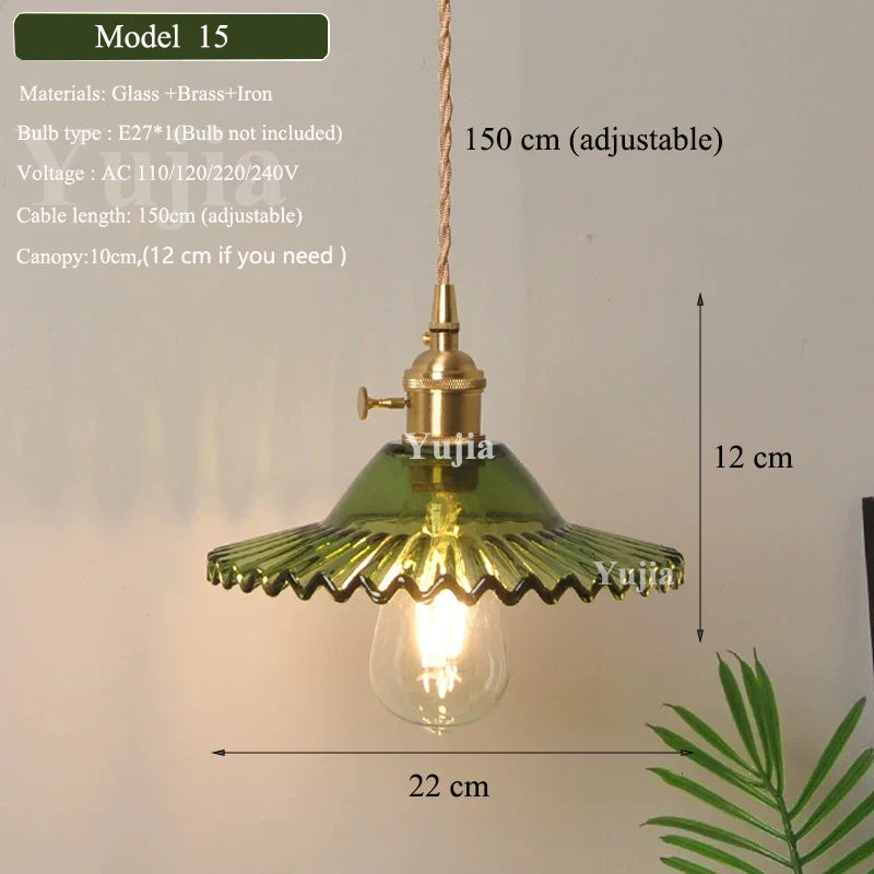 Vintage Green Glass Pendant Light With Brass Finish