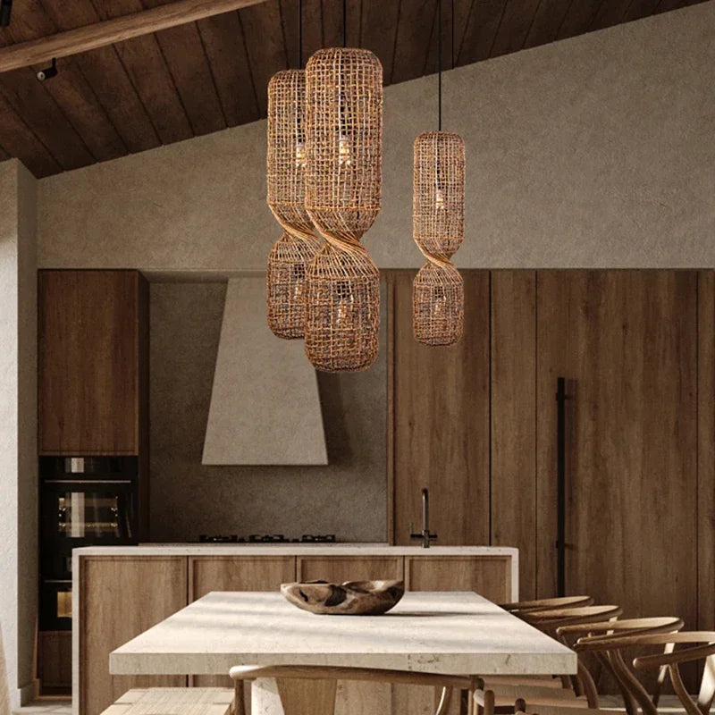 Vintage Hand-Woven Brown Rattan Cylinder Pendant Light