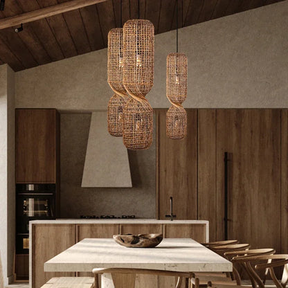 Vintage Hand-Woven Brown Rattan Cylinder Pendant Light