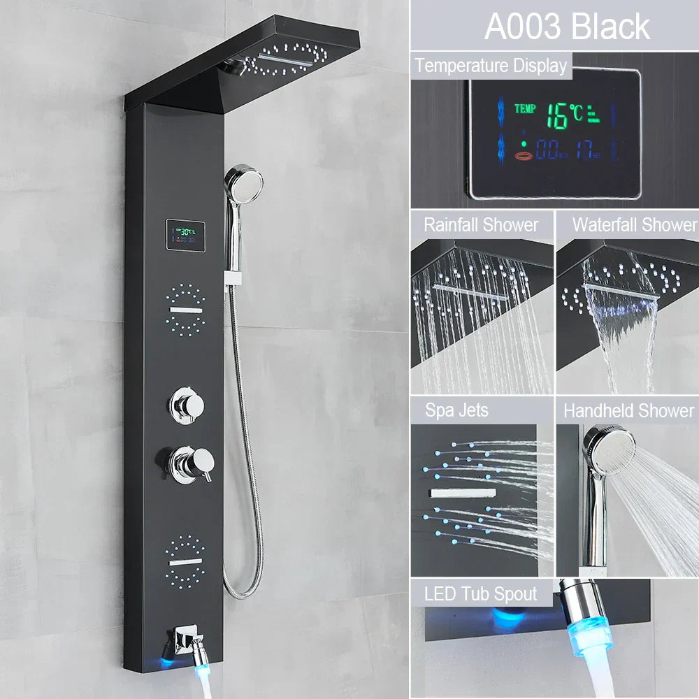 Decorbites™ LED-Licht-Duscharmatur-System: Regenwald, Massage-Düsen, Wasserfall-Panel mit Temperatursteuerung