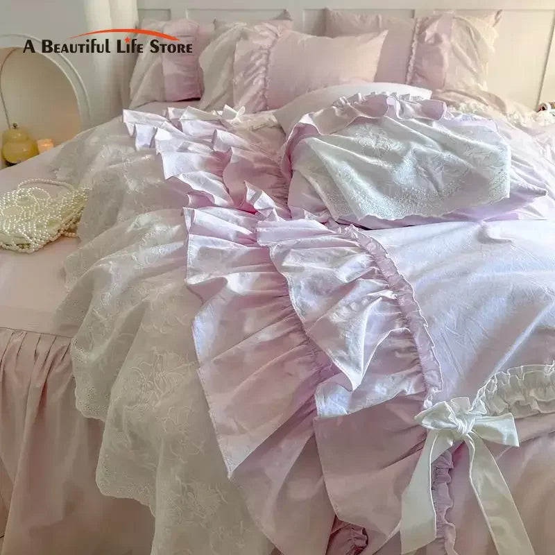 Decorbites™ Koreanische Spitzen-Volants-Baumwoll-Bettwäsche-Set - Süßes Mädchen-Design