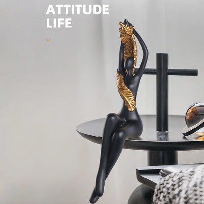 Decorbites™ Große Nackte Federbekleidete Körperskulptur | Moderne Abstrakte Sitzende Figurin-Statuen