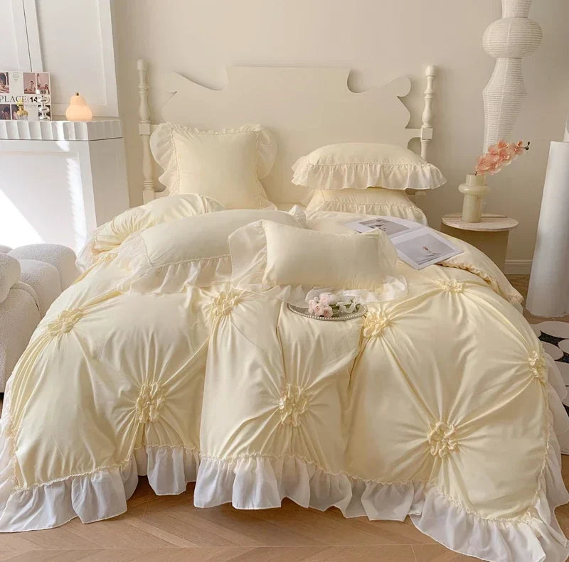 Decorbites™ Spitzen-Prinzessin-Bettwäsche-Set: Romantische Rüschen & Schleifen-Duvetbezug, Laken, Kissenbezüge