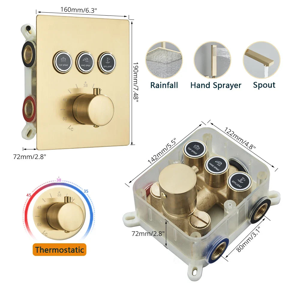 Decorbites™ Gold Thermostatische Regenwald-Duscharmatur-Mischbatterie-Set für das Badezimmer mit Decken- und Wandmontage