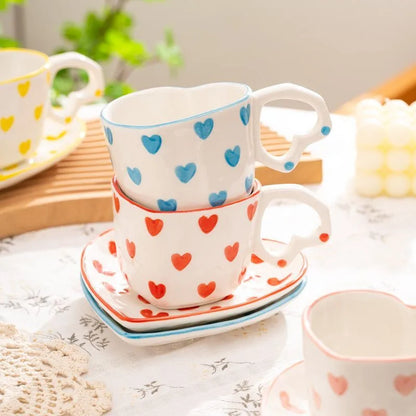 DecorBites™ 250ml Coffee Cup and Saucer Set with Heart Handle Hand-painted Pink Hearts