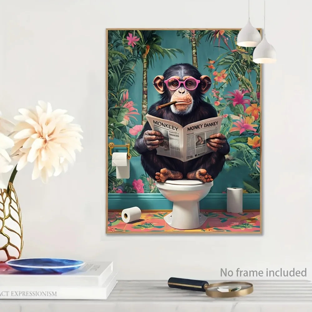A Frameless Funny Gorilla Reading A Newspaper on The Toilet Canvas Painting for The Art Decoration of The Toilet Bathroom Wall