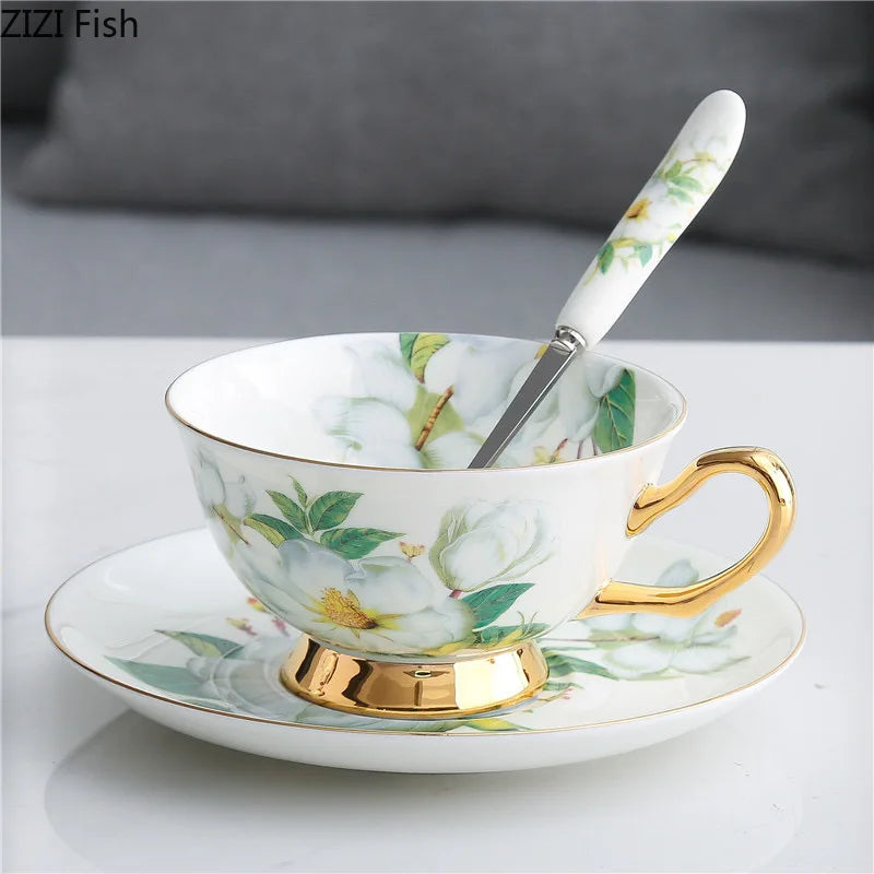 Decorbites™ Grüne Blumen Keramik-Tasse & Untertasse-Set für Kaffee, Tee, Saft und mehr