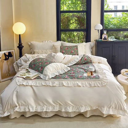 DecorBites™ French Flowers Lace Ruffles Cotton Bedding Set with Duvet Cover, Bed Skirt, and Pillowcases