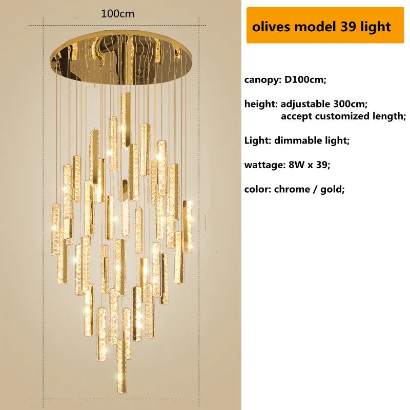 Decorbites™ Gold Chrom Stahl Kristall Anhängerleuchten mit dimmbarer LED für Villen-Treppe