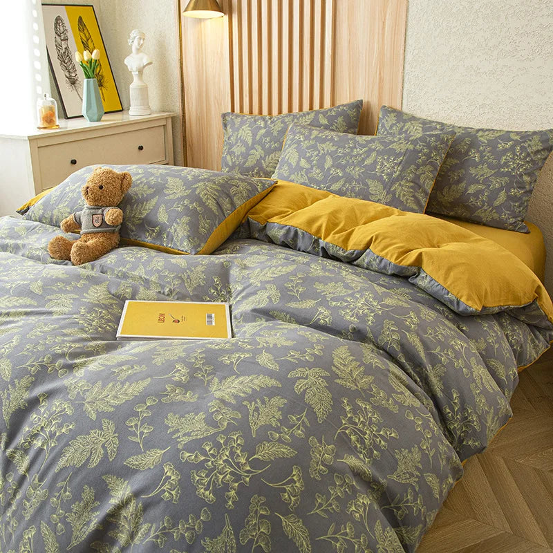 Decorbites™ Bettwäsche-Set mit Grünblatt-Druck, Flachbettlaken und Kissenbezug, Einzelbett Queen-Größe