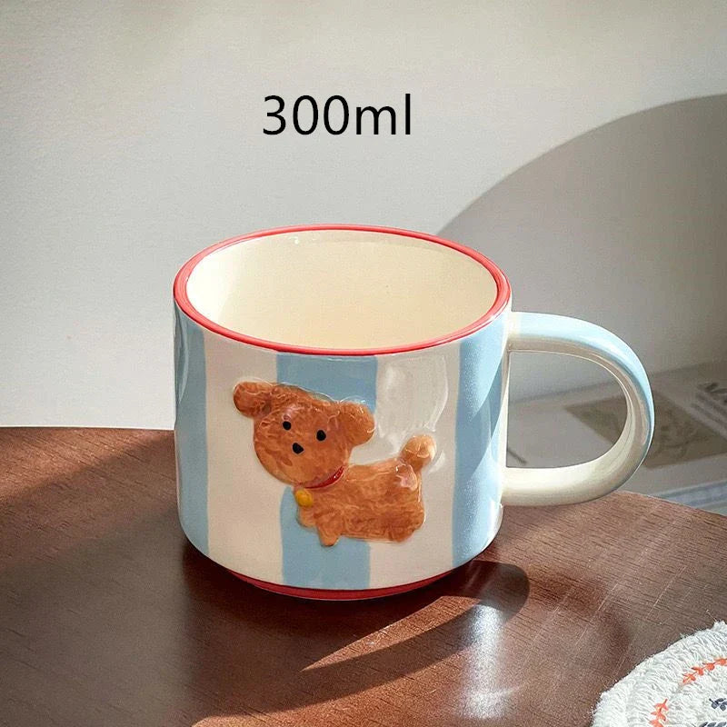 Decorbites™ Kawaii-Tier Keramik-Trinkgeschirr-Set: Kaffeetasse, Dessertteller, süßer Hund-Becher